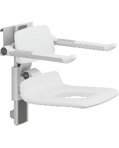 PLUS dusjsete 450, manuell høyderegulering, sideregulerbart, hvit, med hull, med rygg- og armstøtter